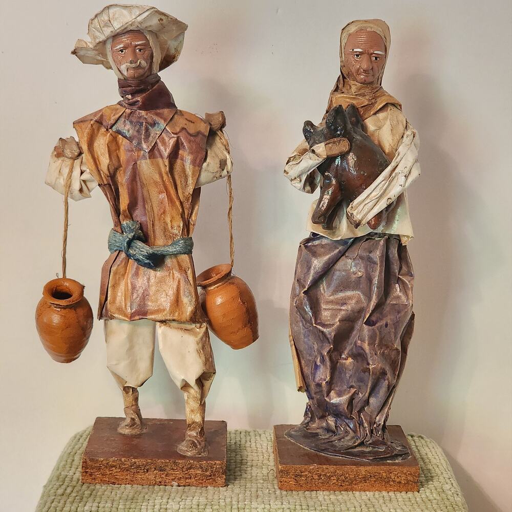 Vintage Italian Folk Art Figures Couple Papier Mâché Cloth & Clay 1950s Pair